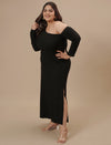 Plus-size woman in side look wearing Black Plus Size One Shoulder Dress with draped design and flowy hem