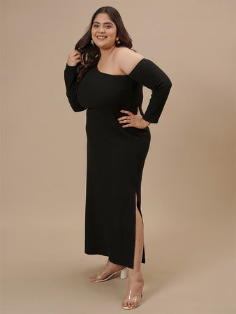 Women Plus Size Black One Shoulder Dress