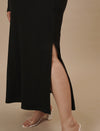 Close-up of Black Plus Size One Shoulder Dress highlighting high slit and sleek satin finish