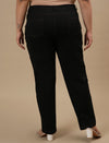 Plus-size woman in back view wearing Black Plus Size Straight Fit Jeans with mid-rise waist and straight leg design