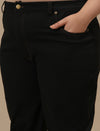 Close-up view of Black Plus Size Straight Fit Jeans showing mid-rise waist and straight leg design