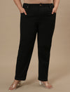 Plus-size woman in front view wearing Black Plus Size Straight Fit Jeans with mid-rise waist and straight leg design