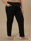 Plus-size woman in side view wearing Black Plus Size Straight Fit Jeans with mid-rise waist and straight leg design