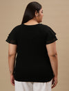 Plus-size woman in back view wearing Black Plus Size Stretchy Top with clean back and slim fit