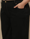 Close-up view of Black Plus Size Wide Leg Jeans showing waistband and smooth denim texture