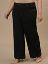 Plus-size woman in front left angle view wearing Black Plus Size Wide Leg Jeans with high waist and wide-leg fit