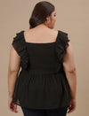 Plus-size woman in back side view wearing Black Sleeveless Plus Size Peplum Top with flared hem and fitted waist