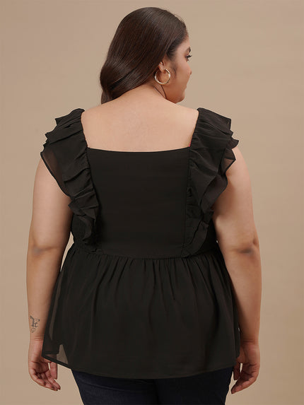 Plus-size woman in back side view wearing Black Sleeveless Plus Size Peplum Top with flared hem and fitted waist