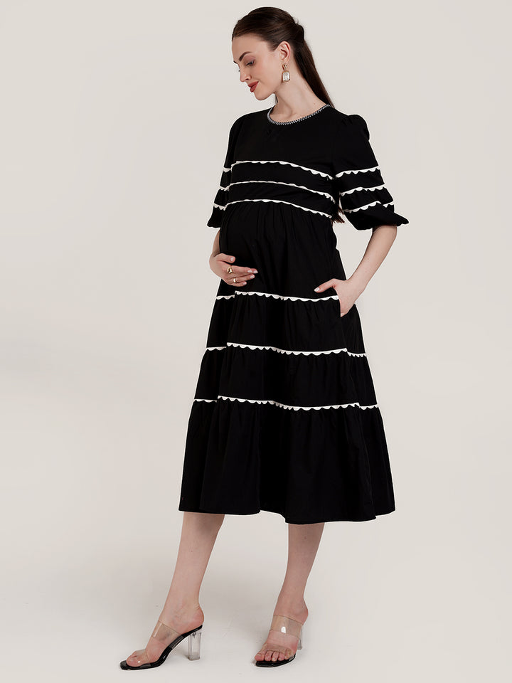 Black Tiered Maternity Midi Dress