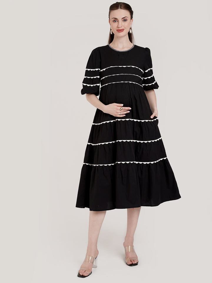 Black Tiered Maternity Midi Dress