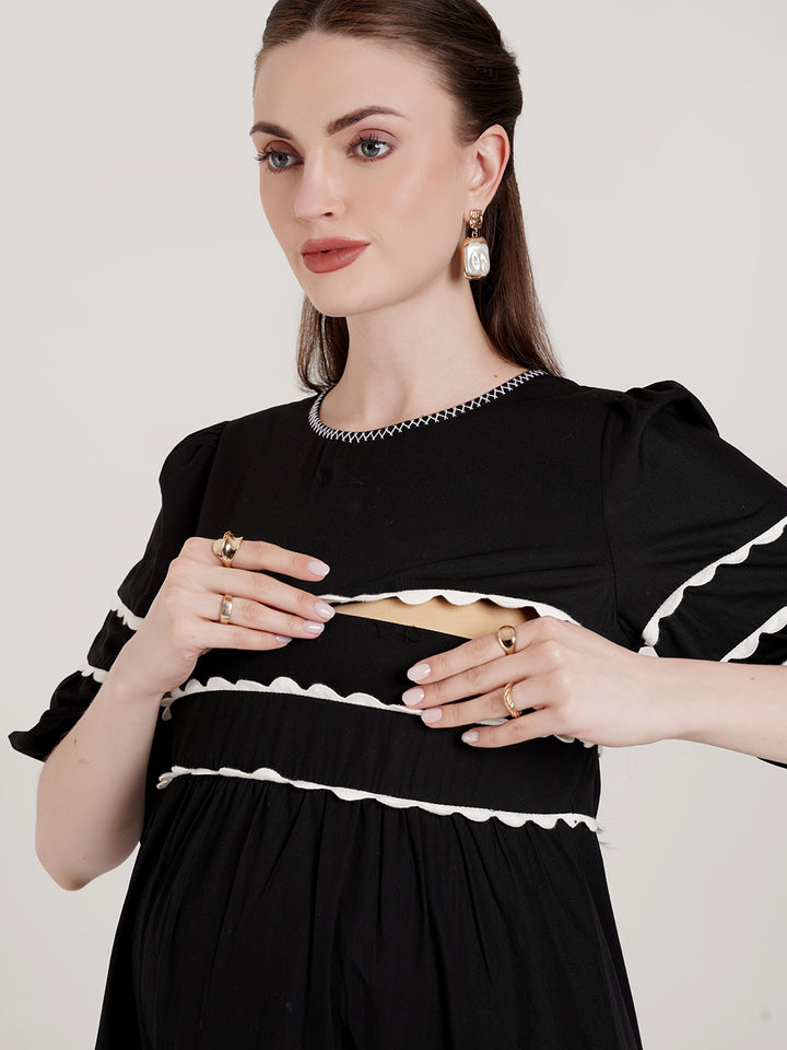 Black Tiered Maternity Midi Dress