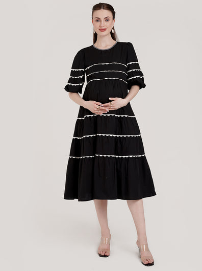 Black Tiered Maternity Midi Dress