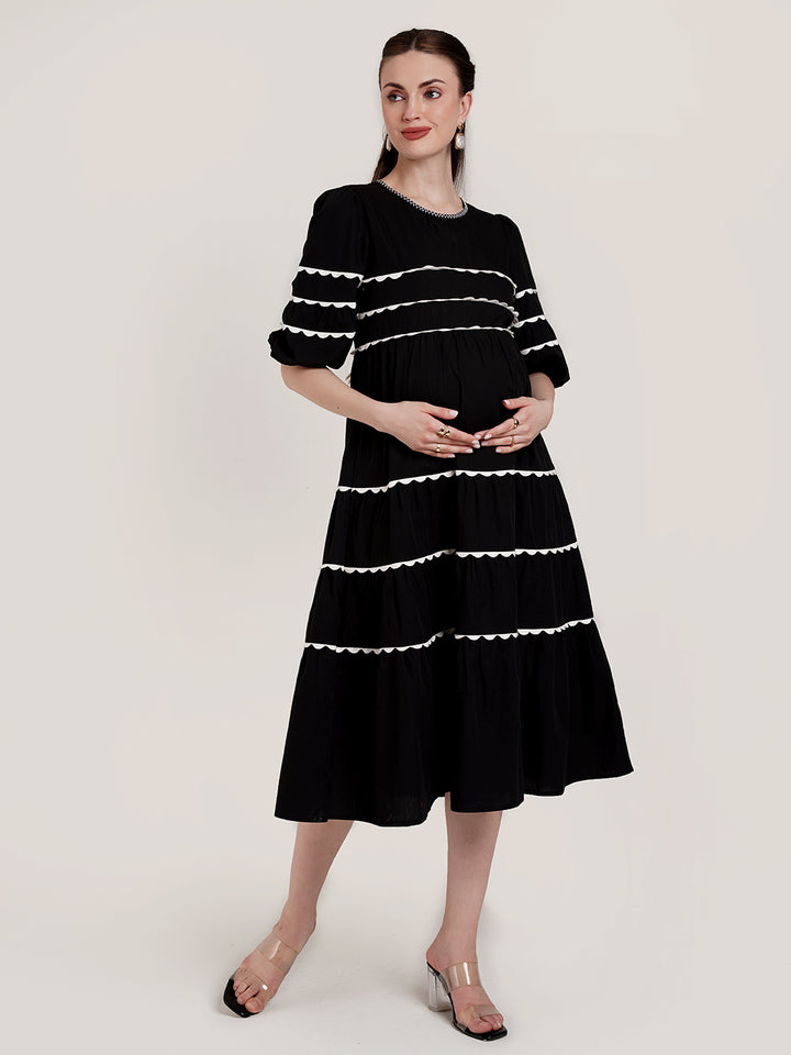 Black Tiered Maternity Midi Dress
