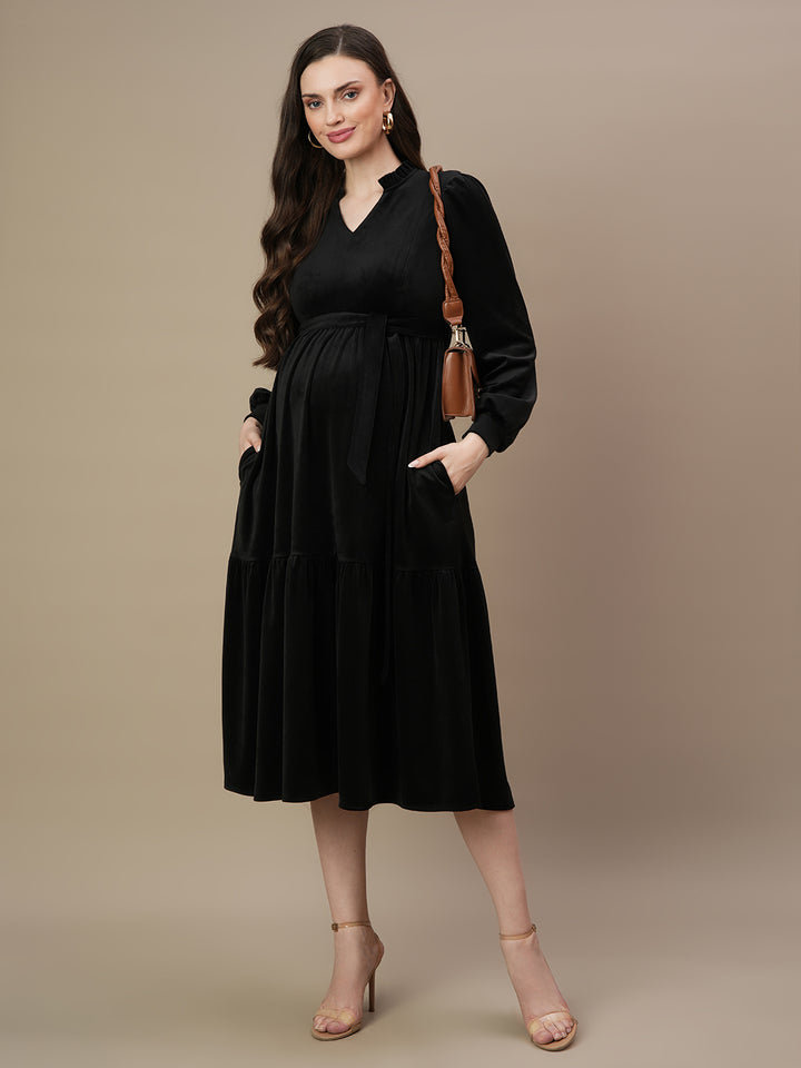 Velvet Tiered Maternity Dress- Black