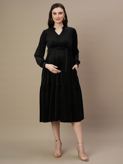 Velvet Tiered Maternity Dress- Black