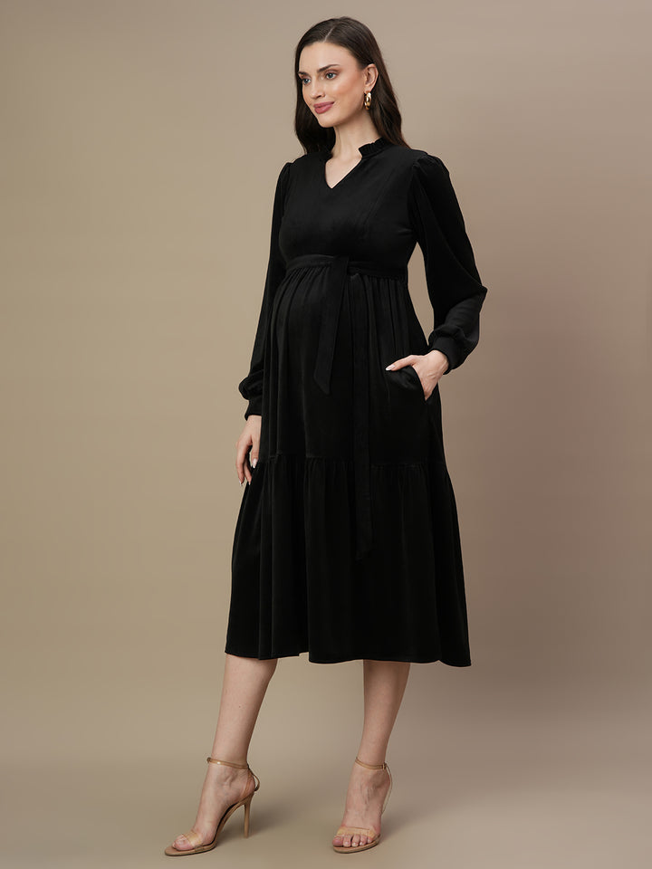Velvet Tiered Maternity Dress- Black