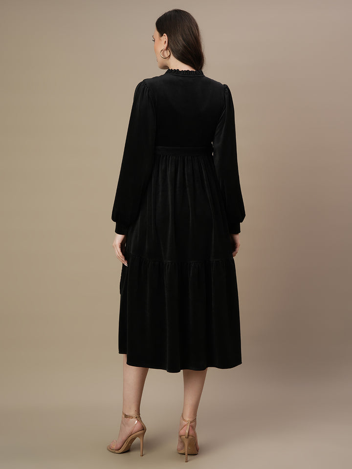 Velvet Tiered Maternity Dress- Black