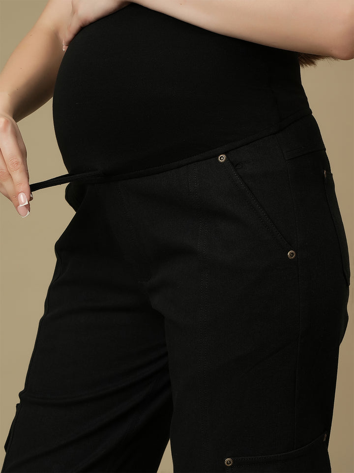 Black Wide-leg Maternity Cargo Jeans