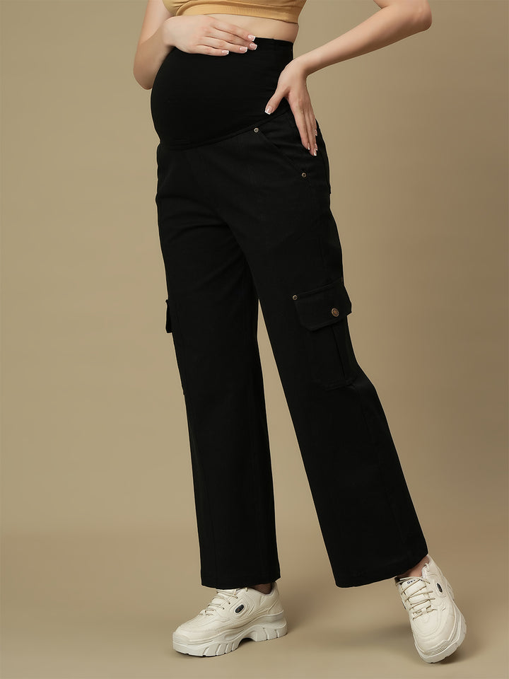 Black Wide-leg Maternity Cargo Jeans