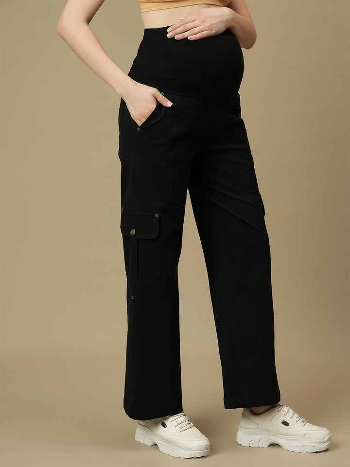 Black Wide-leg Maternity Cargo Jeans