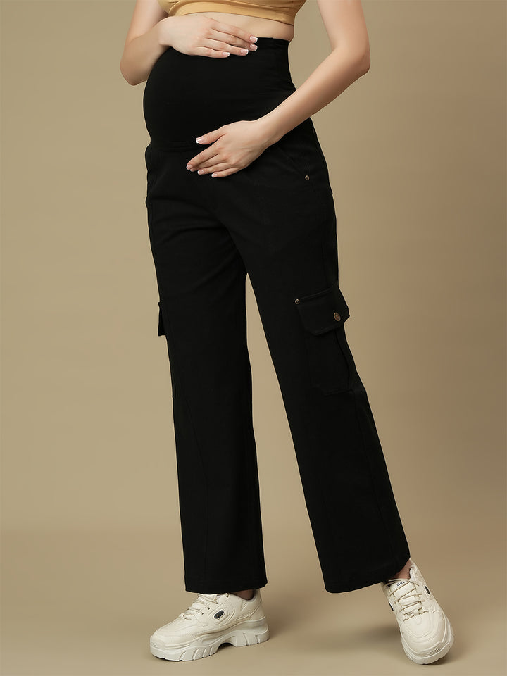 Black Wide-leg Maternity Cargo Jeans