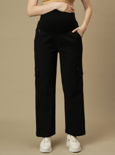 Black Wide-leg Maternity Cargo Jeans