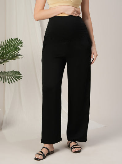 Black Wide-Leg Maternity Korean Pants