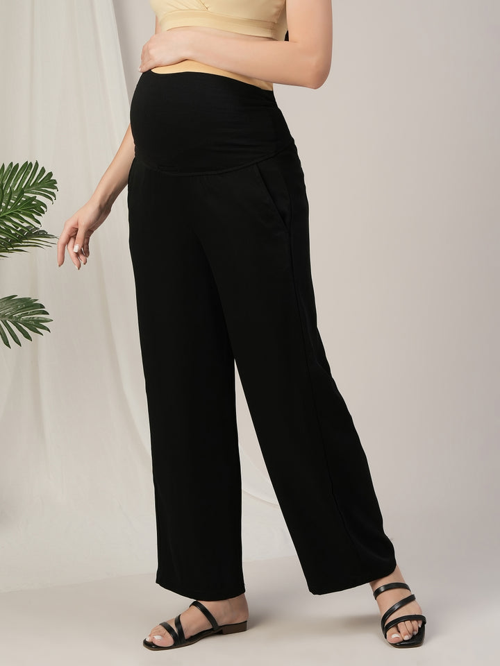Black Wide-Leg Maternity Korean Pants