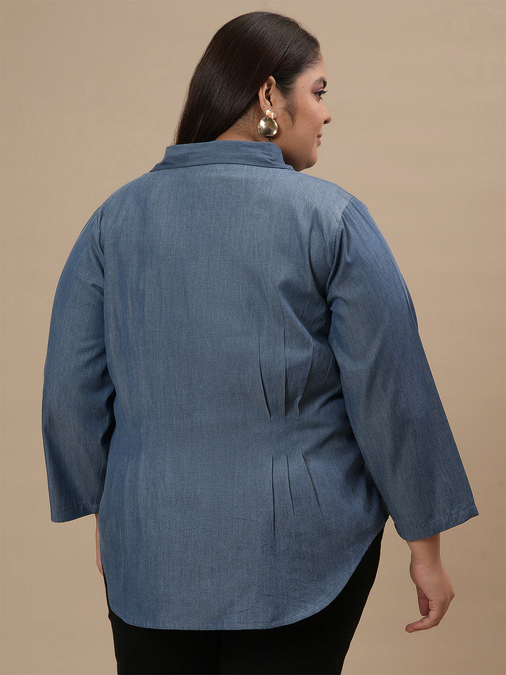 Plus-size woman in back view wearing Plus Size Blue Denim Shirt with full sleeves and relaxed fit