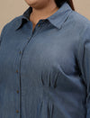 Close-up view of Plus Size Blue Denim Shirt showing full sleeves and classic button-down detailing