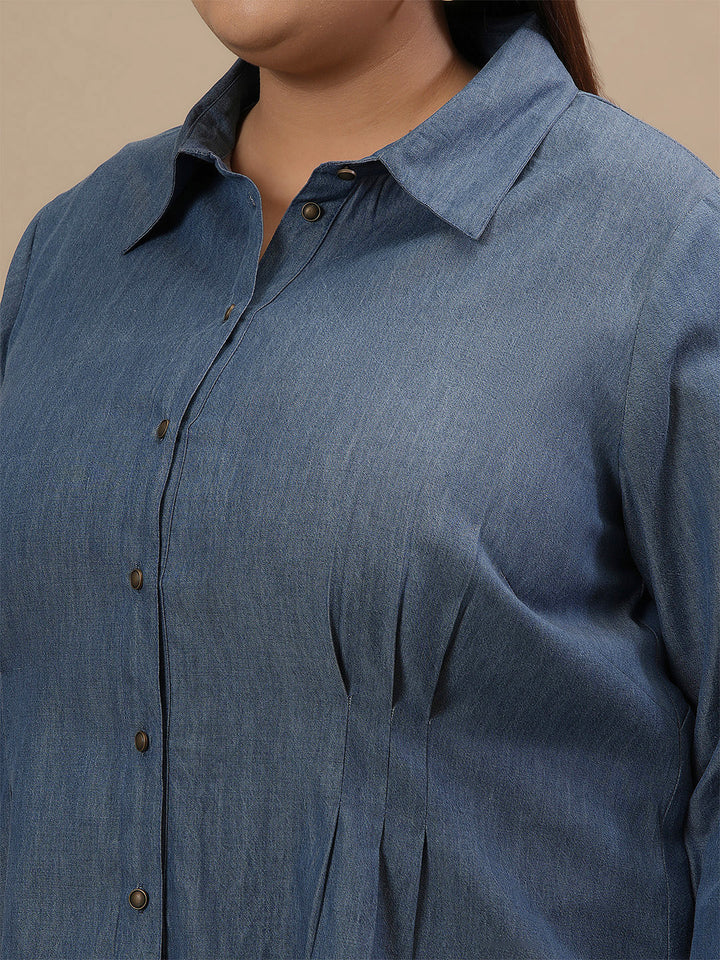 Close-up view of Plus Size Blue Denim Shirt showing full sleeves and classic button-down detailing