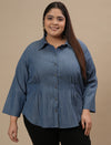 Plus-size woman in front view wearing Plus Size Blue Denim Shirt with full sleeves and button-down front
