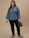 Plus Size Blue Denim Shirt with Waist Pleats