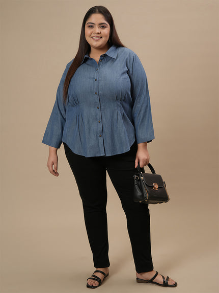 Plus Size Blue Denim Shirt with Waist Pleats Blue L