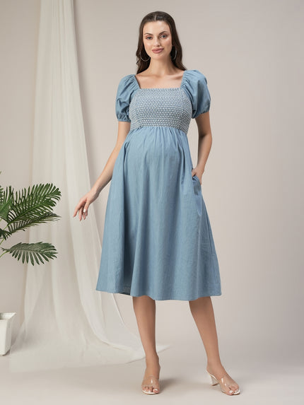 Blue Denim Maternity & Nursing Smocked Midi Dress Blue Denim Maternity & Nursing Smocked Midi Dress
