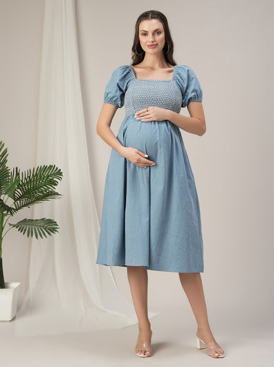 Maternity & Nursing Blue Denim Smocked Midi Dress