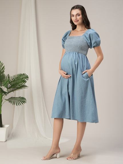 Maternity & Nursing Blue Denim Smocked Midi Dress