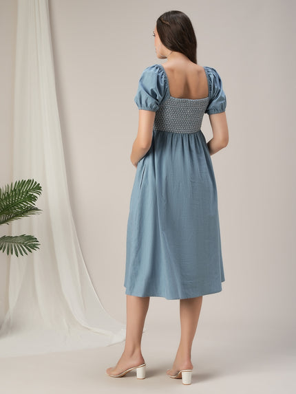 Maternity & Nursing Blue Denim Smocked Midi Dress