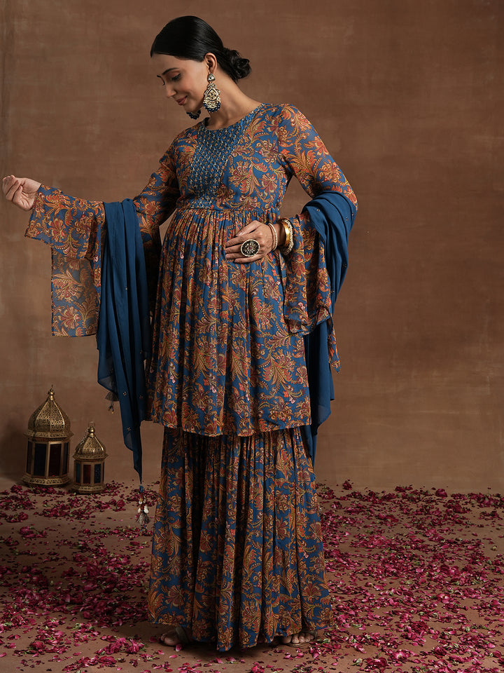 Blue Embellished Paisley Maternity Gharara Set