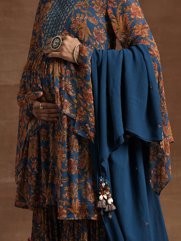 Blue Embellished Paisley Maternity Gharara Set