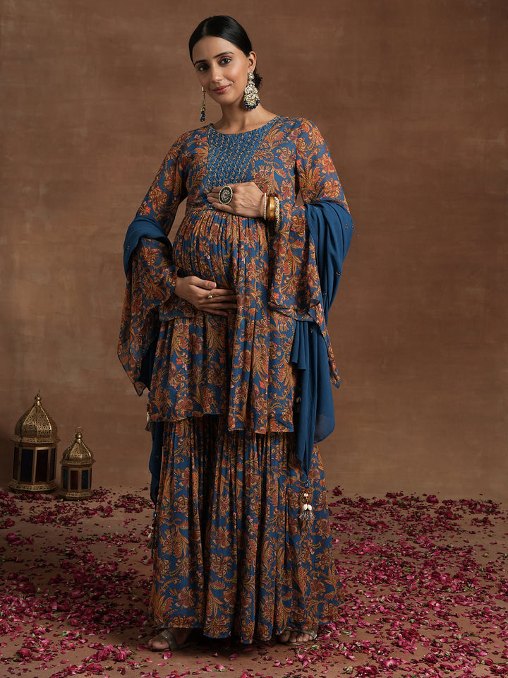 Blue Embellished Paisley Maternity Gharara Set