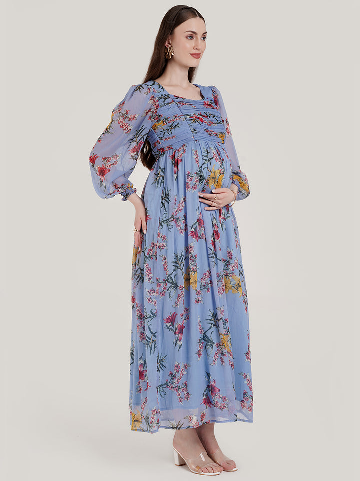 Blue Floral Pregnancy Maxi Dress