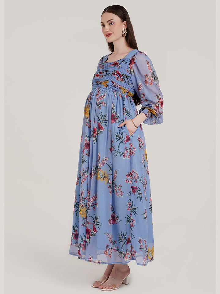 Blue Floral Pregnancy Maxi Dress