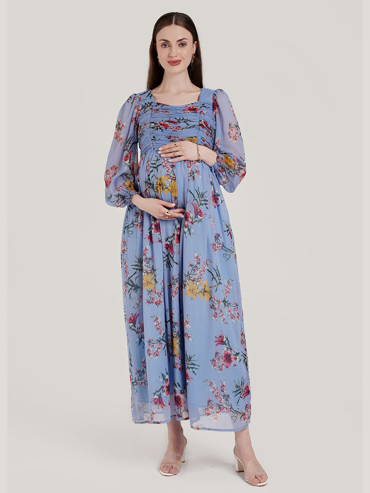 Blue Floral Pregnancy Maxi Dress
