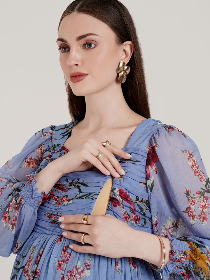 Blue Floral Pregnancy Maxi Dress