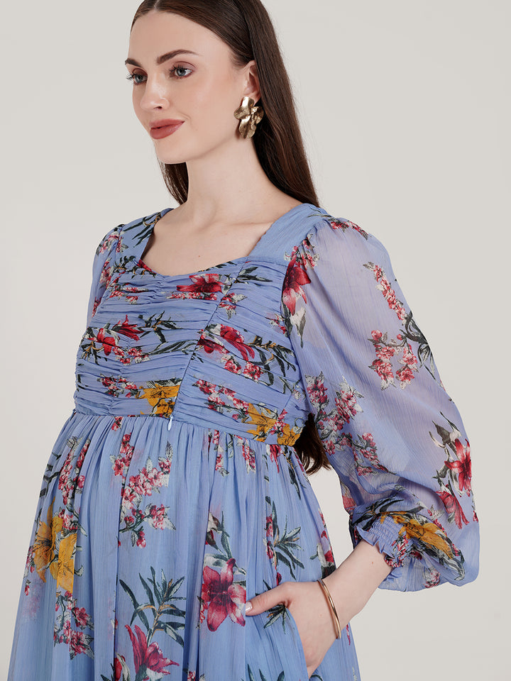 Blue Floral Pregnancy Maxi Dress