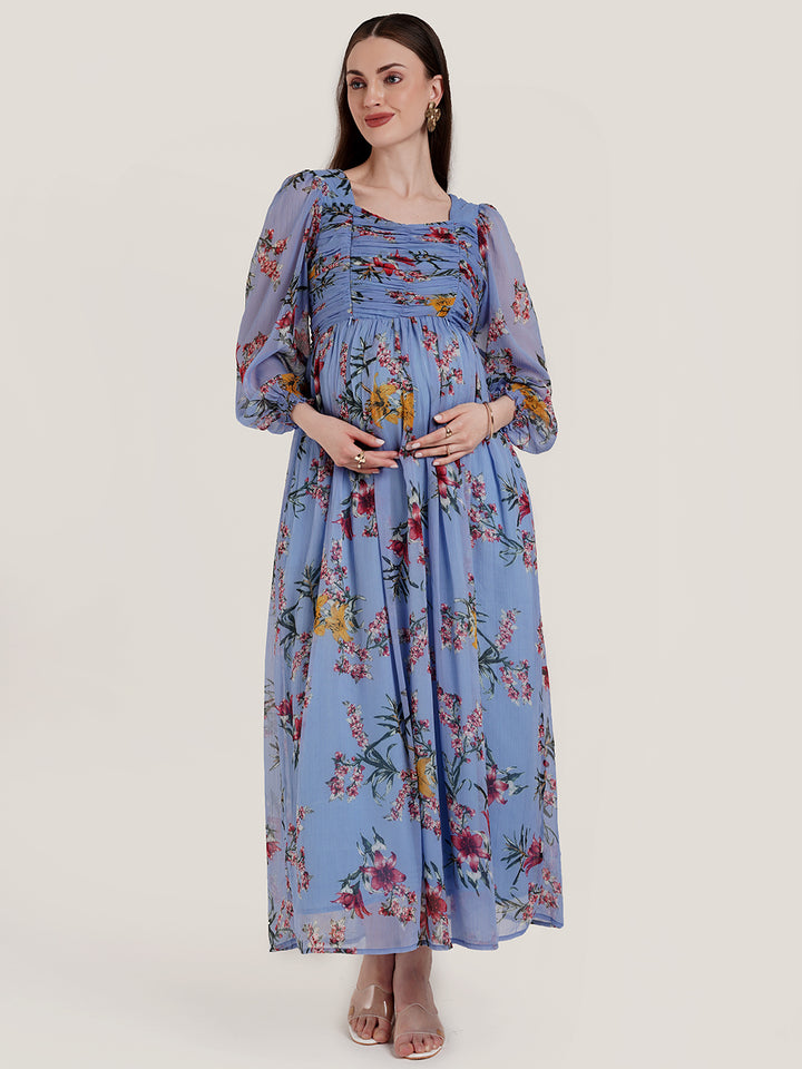 Blue Floral Pregnancy Maxi Dress