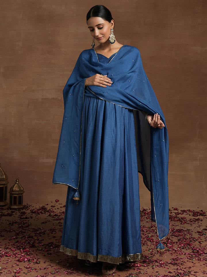 Blue Maternity Anarkali with Embellished Border & Dupatta