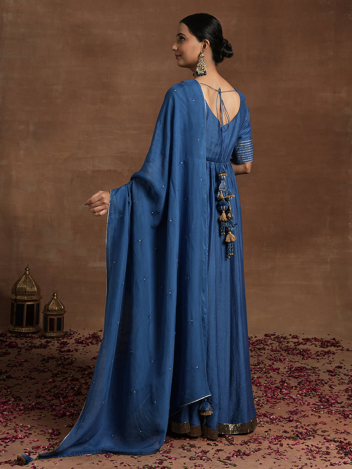 Blue Maternity Anarkali with Embellished Border & Dupatta