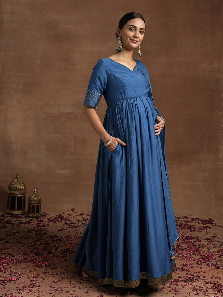 Blue Maternity Anarkali with Embellished Border & Dupatta